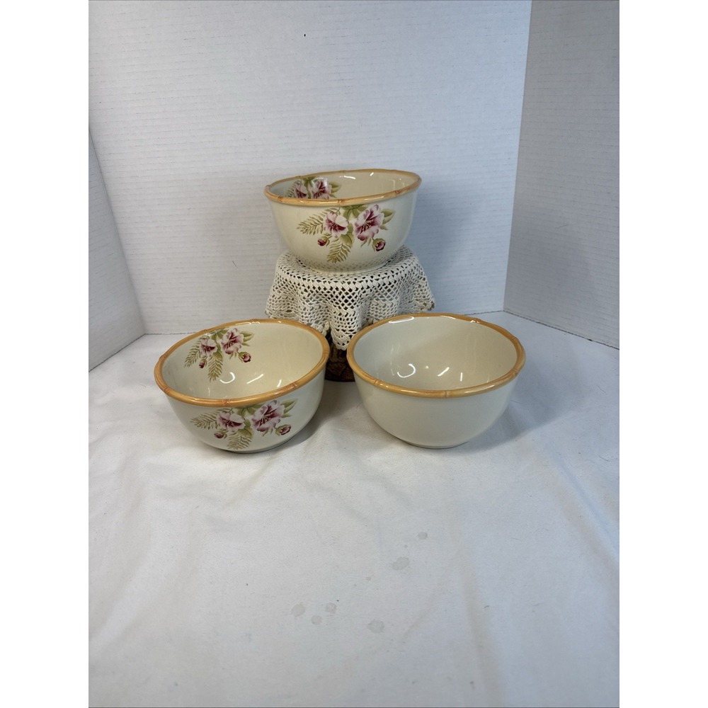 3 Macy's The Cellar lot of Flamingo & Floral bamboo look edge Cereal Bowls.